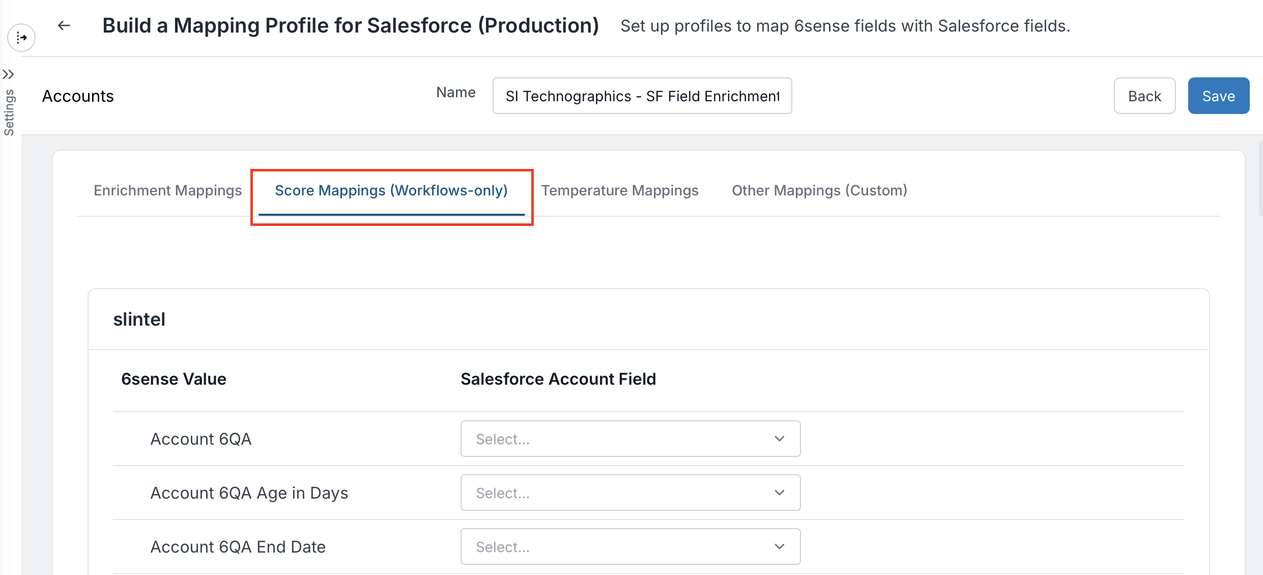 Mapping profile setup for Salesforce with highlighted score mappings section.